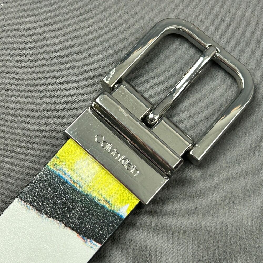 Calvin Klein Leather 1.25" White Yellow Graphic Belt Size L Silver Tone Buckle - Picture 15 of 16